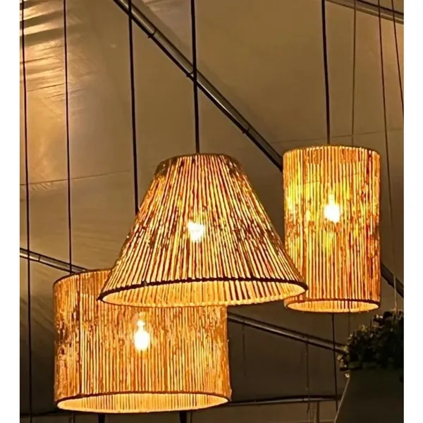 Composição De Pendentes De Teto Em Palha de Milho Natural 3 Modelos Redondo Sala Casa Área Gourmet