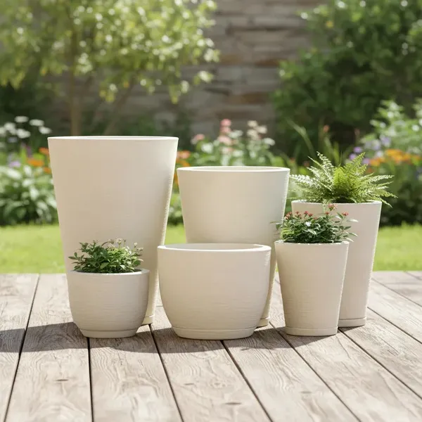 Kit Jogo 6 Vasos de Plantas Grandes Decorativo Colunas e Bojos com Prato em Polietileno