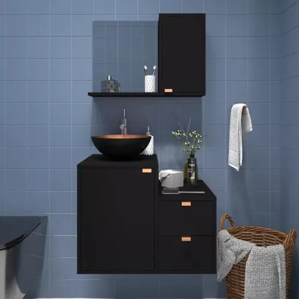 Kit Gabinete Banheiro Armário + cuba + espelheira C/puxador Cobreado