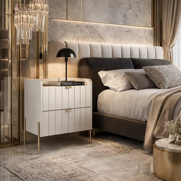 mesa de cabeceira para quarto cama de casal pé de metal dourado moriah 45cm MDF com 2 gavetas