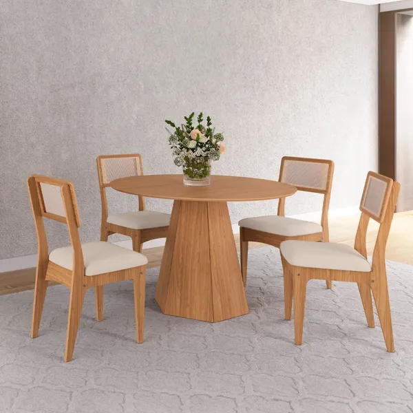 Conjunto​ Sala de Jantar Mesa Lisboa Hexagonal com 4 Cadeiras Palha Sintética 100% MDF