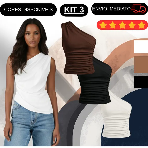 Kit 3 Blusas Mula Manca Feminina Franzido Assimétrica Ombro Único Casual