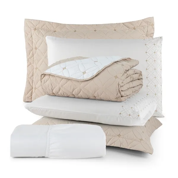 Kit 6 Peças Casal Queen King Bordado Cobre Leito e lençol Ideale 200 Fios Acetinado