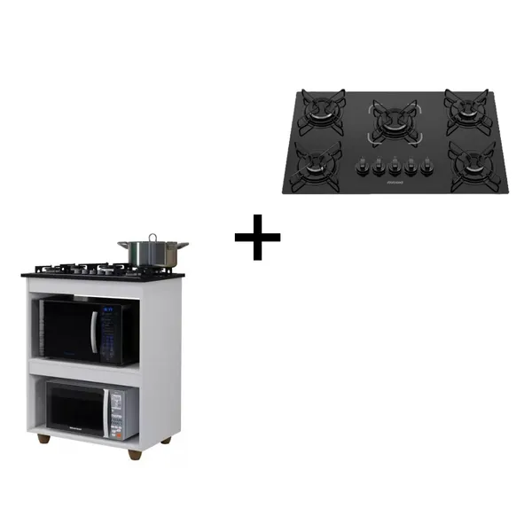 Kit Fogão Cooktop Itatiaia 5 Bocas + Balcão de Madeira Kaike Com Apoio Para Microondas