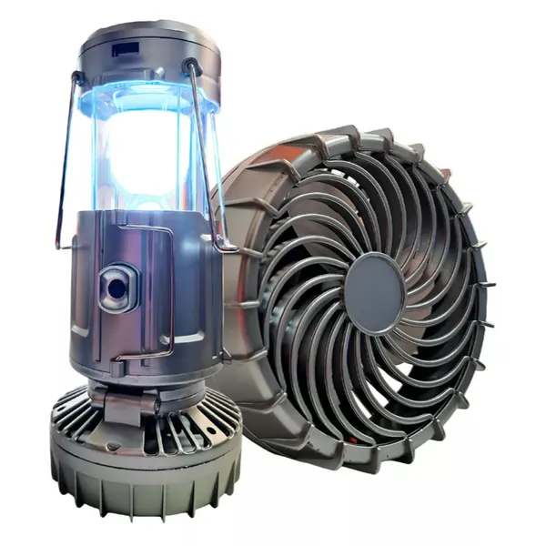 Lampião Lanterna Led Com Ventilador Portátil Recarregável e Carregamento Solar 3 em 1 Acampamento