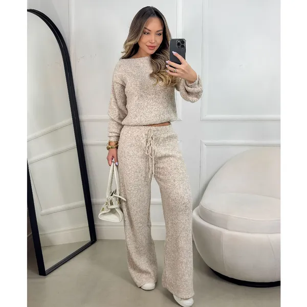 Conjunto Canelado de Tricot Mousse​ Calça Pantalona Cordão Ajustável+Blusa Manga Bufante Inverno