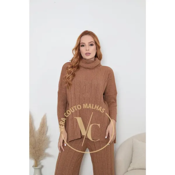 Conjunto Feminino Tricot Mousse Calça Pantalona e Blusa de Frio Gola Alta Manga Longa Moda Inverno