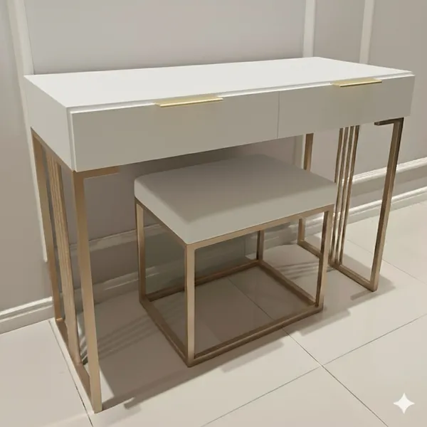 Penteadeira escrivaninha moderna branca 100% MDF com detalhes e estrutura metálica dourada/champagne LUXO no