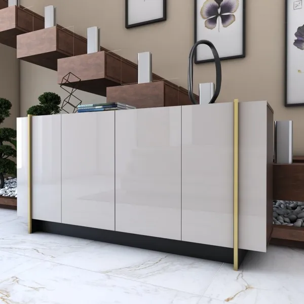 Balcão Buffet Balneário Camboriú 4 Portas 2 Prateleiras Off White/Dourado - Panorama Móveis