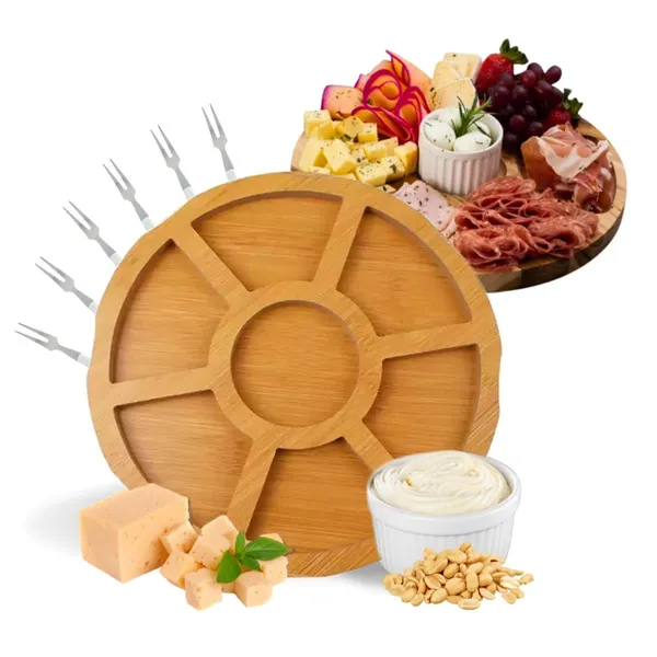 Kit Petisqueira de Madeira Redonda com Molheira Ramekin e Garfinhos para Petiscos Frios e Queijo