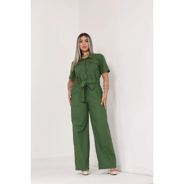 Macacão Feminino Linho com Amarração na Cintura elegante e Botões Frontais