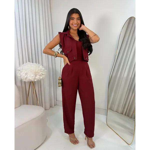 Macacão Conjunto feminino Alfaiataria Vitória com alça e zíper nas costas + colete, tendencia social