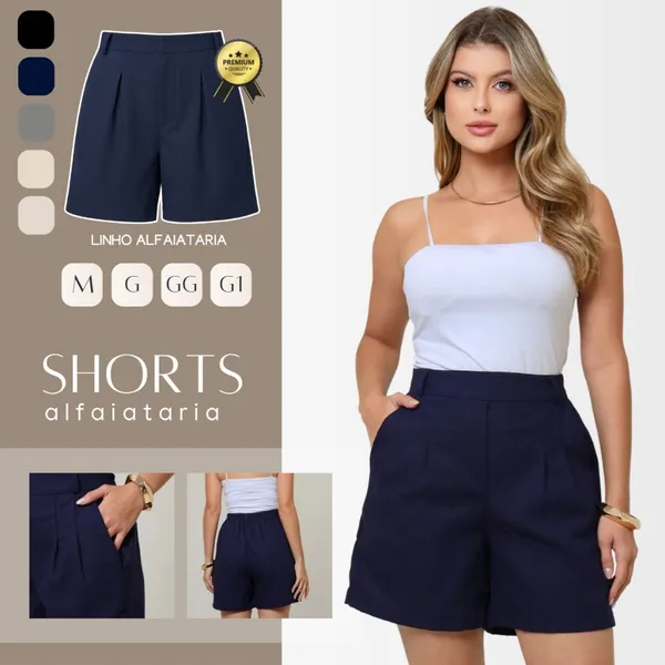 Shorts Feminino Alfaiataria Linho Premium Cintura Alta Cós Elástico Com Bolso Social M ao G1