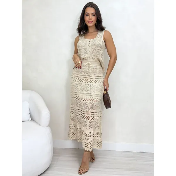 Conjunto feminino 2 Peças Saia e Cropped Tricô Croche Rendado Delicado Elegante Com Botões