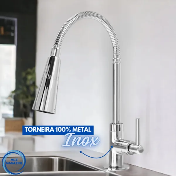 Torneira Pia Cozinha Gourmet Inox Chuveirinho Cozinha Bancada Flexível 1/4 de Volta Metal