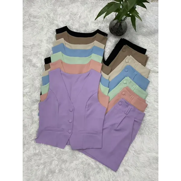 Colete feminino com shorts sociais tecido marrante2051 linlinmoda