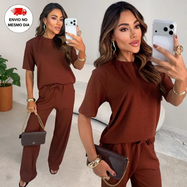 Conjunto Feminino Anaruga Canelado Premium Calça Pantalona + Blusa Manga Curta Casual Confortável Moda 2026