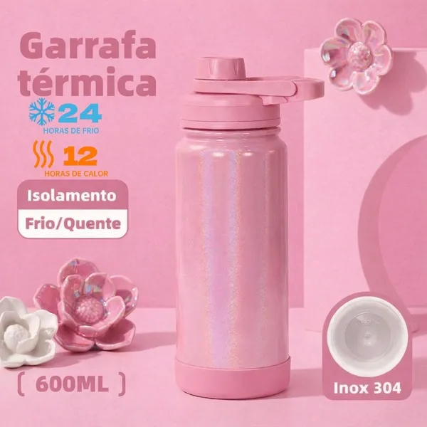 Garrafa térmica 600ML 304 Inox Com Alça Colorida Pintura Arco-íris Piscante Quente e Frio Copo Térmico-XR-67
