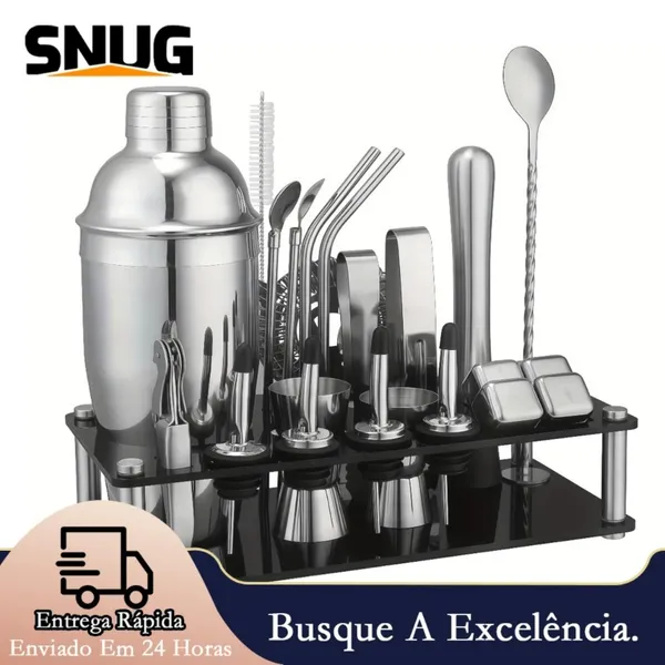 Kit 23 Peças Cocktail Bar Utensilios Inox Coqueteleira 750ml Profissional + Suporte Sacador Dosador