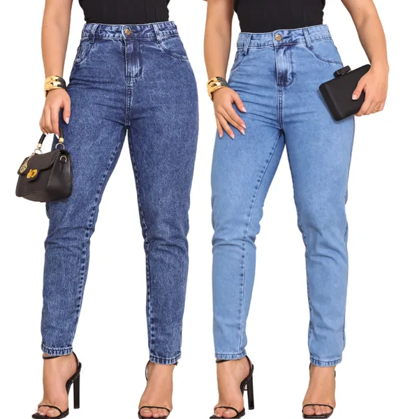 KIT  CALÇA JEANS FEMININA  MOM  CLARA LISA + JEANS AZUL MARMORIZADO 100% ALGODÃO PREMIUM COS ALTO