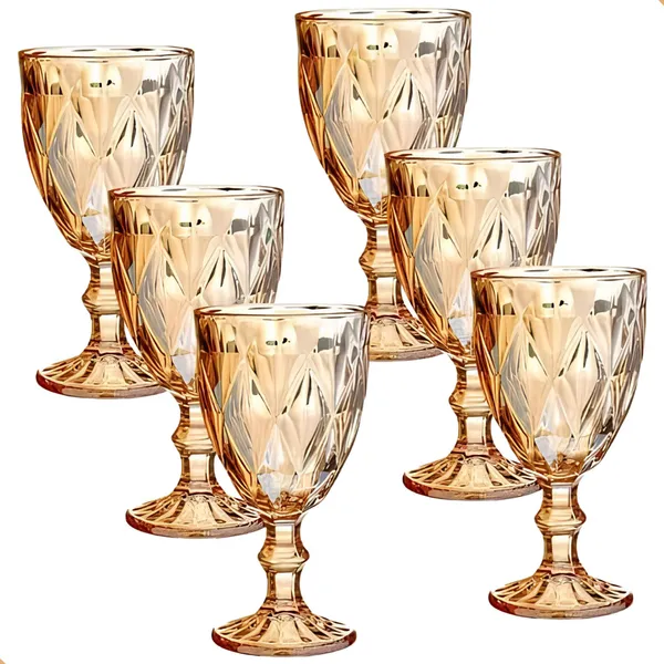 Jogo 6 Taças Diamond Bico De Jaca Dourado Azul Verde Furta cor Fume Água Vinho 330ml