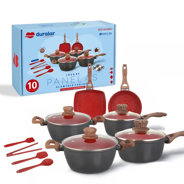 Jogo de Panela Cerâmica Antiaderente Indução 10 Pçs Fogão Cooktop Vermelho Duralar
