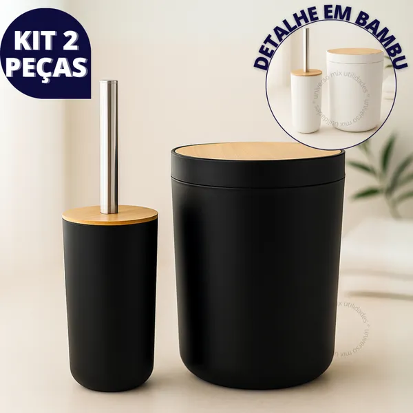 Kit 2 Peças Banheiro Lixeira C/ Tampa Escova Sanitaria Detalhes Em Bambu Luxo