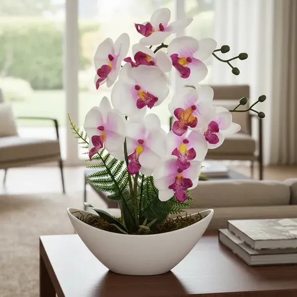 Arranjo de Orquídea Artificial Com Vaso Barca Luxuoso
