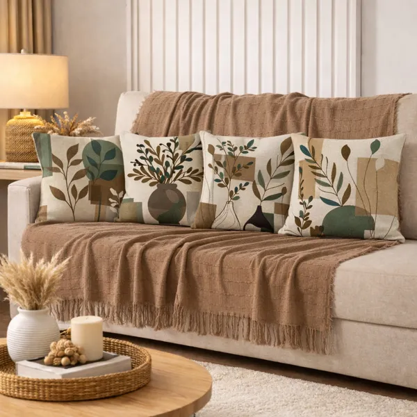 Kit Manta Decorativa P + 4 Capas de Almofadas Estampa Digital para Sala