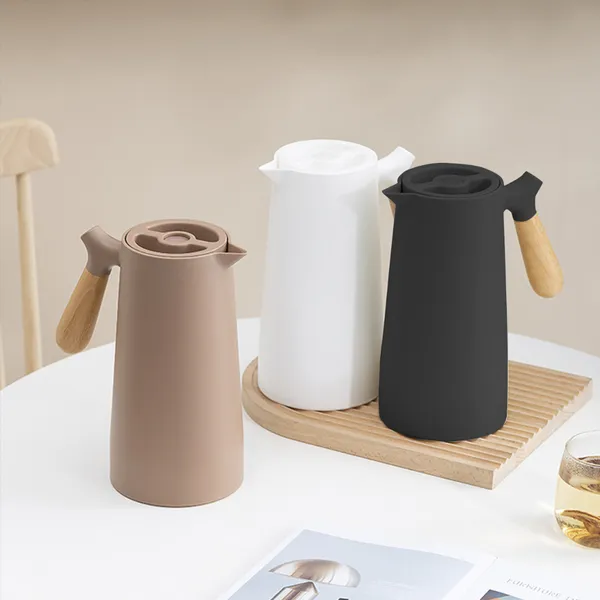 Garrafa Térmica Nórdica 1​ Litro Café e Chá Bule Cabo Madeira Botão Mantém Temperatura Wood Luxo