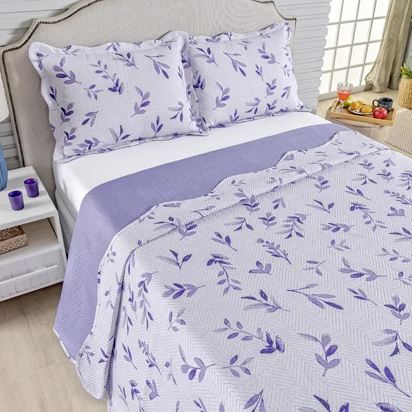 Kit Cobre Leito Colcha Queen Bouti 3 Peças Dupla Face Estampada Porta Travesseiro Aba Americana