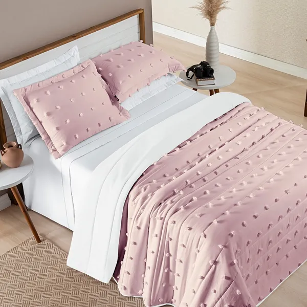 Cobre Leito Solteiro Casal Queen King Pompom 300 Fios Dupla Face 2 e 3 Peças