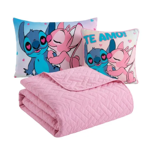 Colcha Cobre Leito Roupa Jogo Cama Infantil Solteiro 5 Pçs Matelado Quarto Criança Menina Stich Rosa