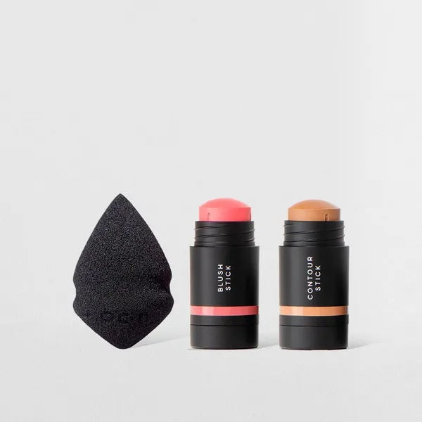 Kit Mini Blush em Bastão Rosa Claro + Mini Contorno em Bastão Marrom Claro + Mini Esponja de Maquiagem Océane Edition