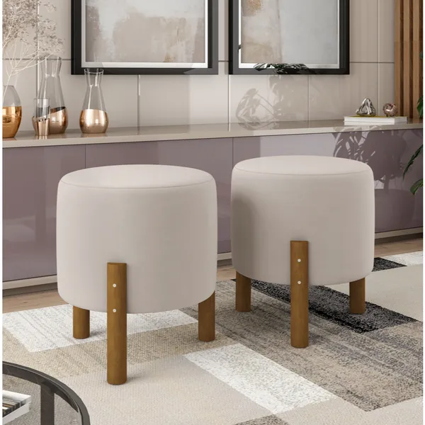 Kit 2 Puff Banqueta Redondo Suede Decorativo Pés em Madeira