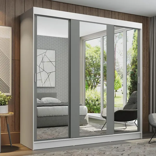 Guarda-Roupa Casal Madesa Reno​ 3 Portas de Correr de Espelho - Branco/Cinza