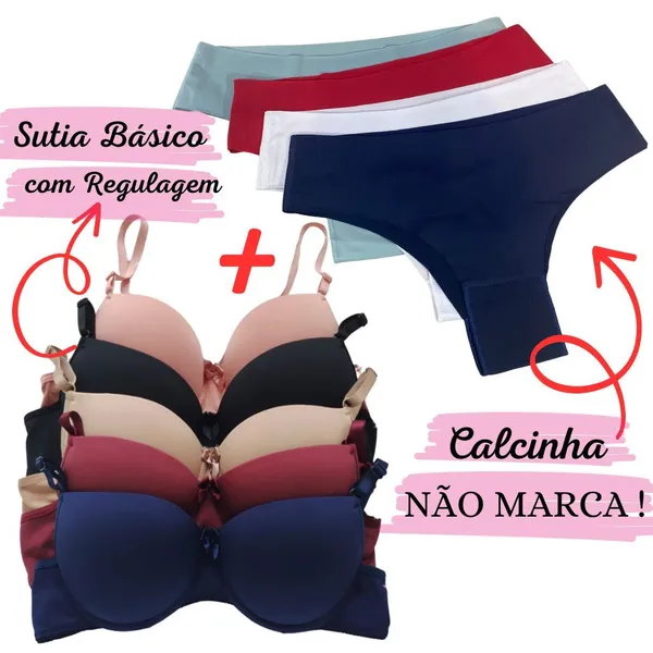 Kit 5 Sutiãs Básico + Kit 5 Calcinhas Sem Costura Corte a Laser