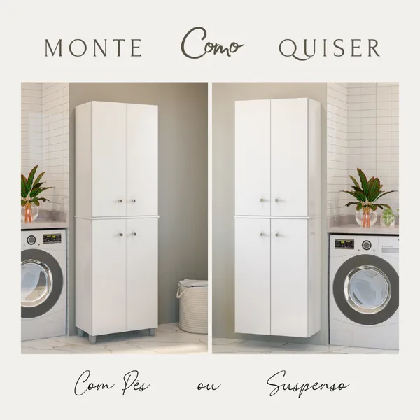 Armário Multiuso Parede 4 Portas 184cm | Suspenso ou com Pés | Lavanderia/Cozinha
