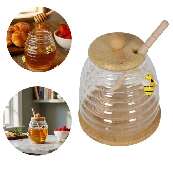 Meleira de Vidro Abelhinha com Tampa e Pegador Bambu 380ml