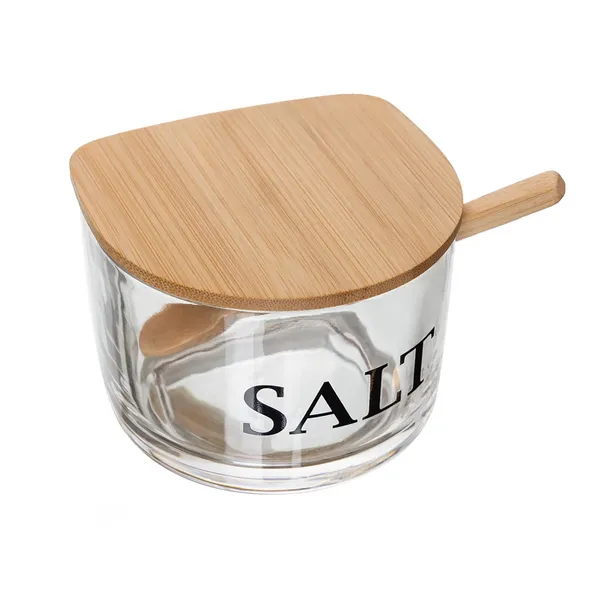 Saleiro de vidro com tampa e colher de bambu compacto 10x10x7 cm