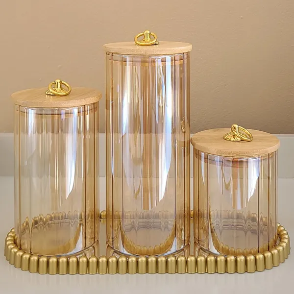 Kit Potes  canelado de  Vidro Âmbar dourado com Tampa de Bambu Argola  Hermética Design