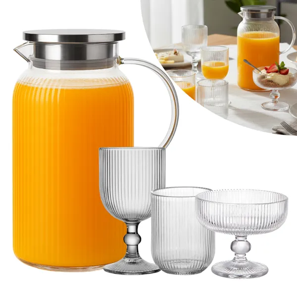 Conjunto Jogo 6 Taças Canelada 380ml Jarra Borossilicato 1,5l Vidro Listrada Sobremesa Buffet Bar Restaurante