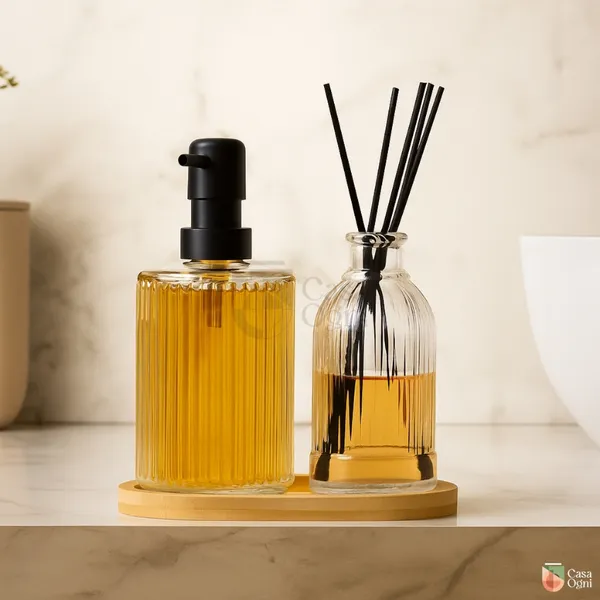 Kit Banheiro Porta Sabonete e Difusor Lines Banheiro com Bandeja de Bambu