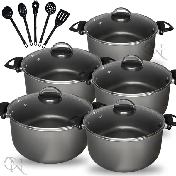 Kit Jogo de Panelas 10 peças Caçarolas Antiaderente Teflon com Tampa Vidro e Utensílios