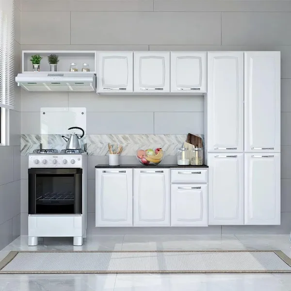 Cozinha Completa Itatiaia Aço Amanda Com Paneleiro Duplo Armário Aéreo e Balcão Branco Nevada