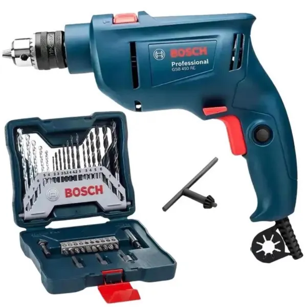 Furadeira Industrial Impacto 3/8 Reversão 450W GSB 450RE + Estojo 30 Peças X-Line BOSCH