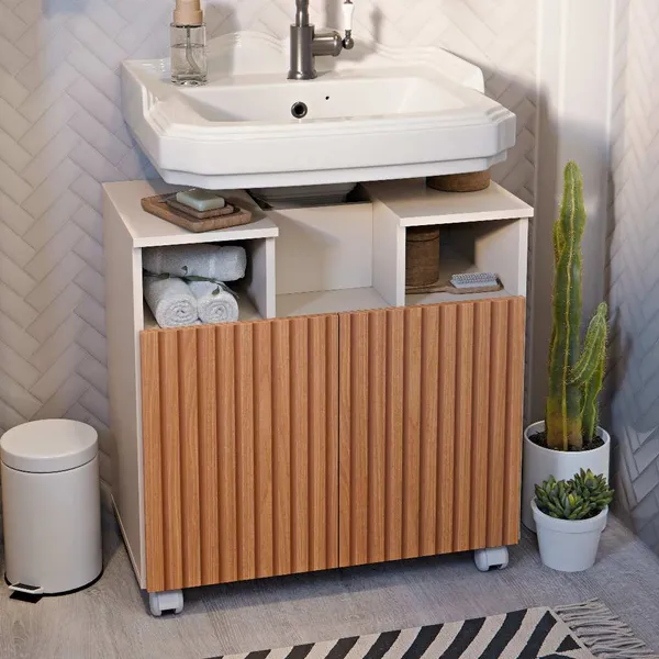 Gabinete para Banheiro Oasis 2 Portas com Rodízios Armário para Pia Compacto Moderno Sem Cuba