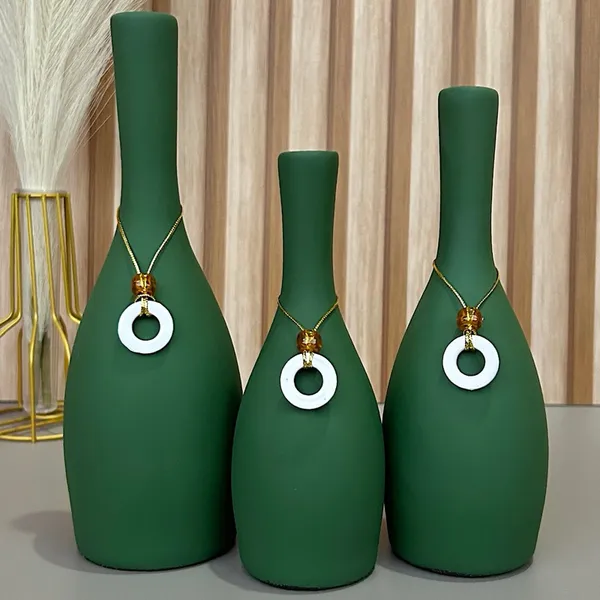 Kit Trio de Vasos Decorativos Premium em Cerâmica Com Pingentes - Enfeites para Sala Decoração Casa
