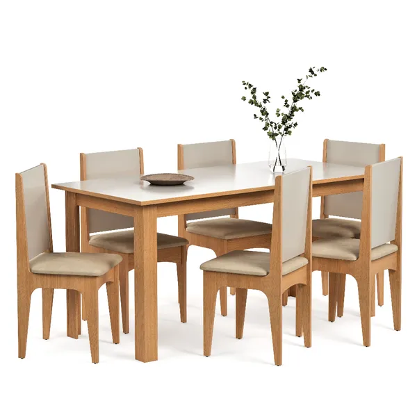 Conjunto Sala de Jantar Sara Mesa 136cm com 6 Cadeiras Estofadas MDF MDP Mel Off White Moderna