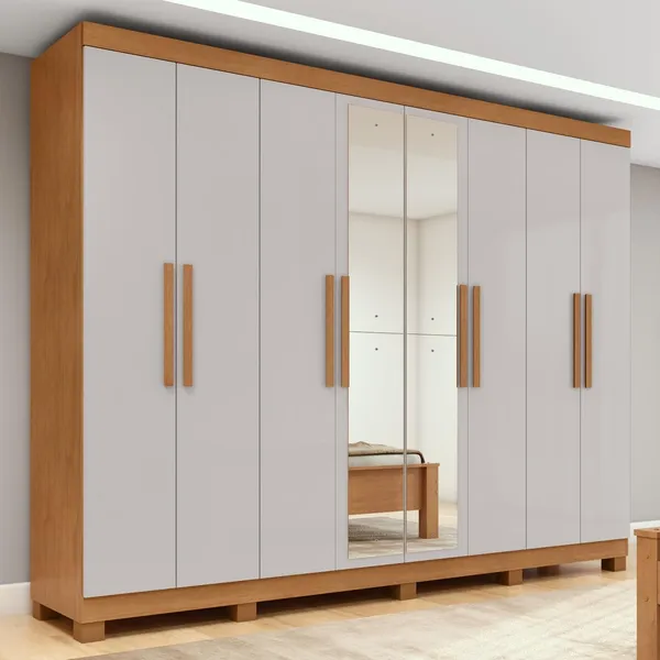 Guarda-roupa Casal Easy Slim 8 Portas Com Espelho e Pés Amendoa Clean/Off White